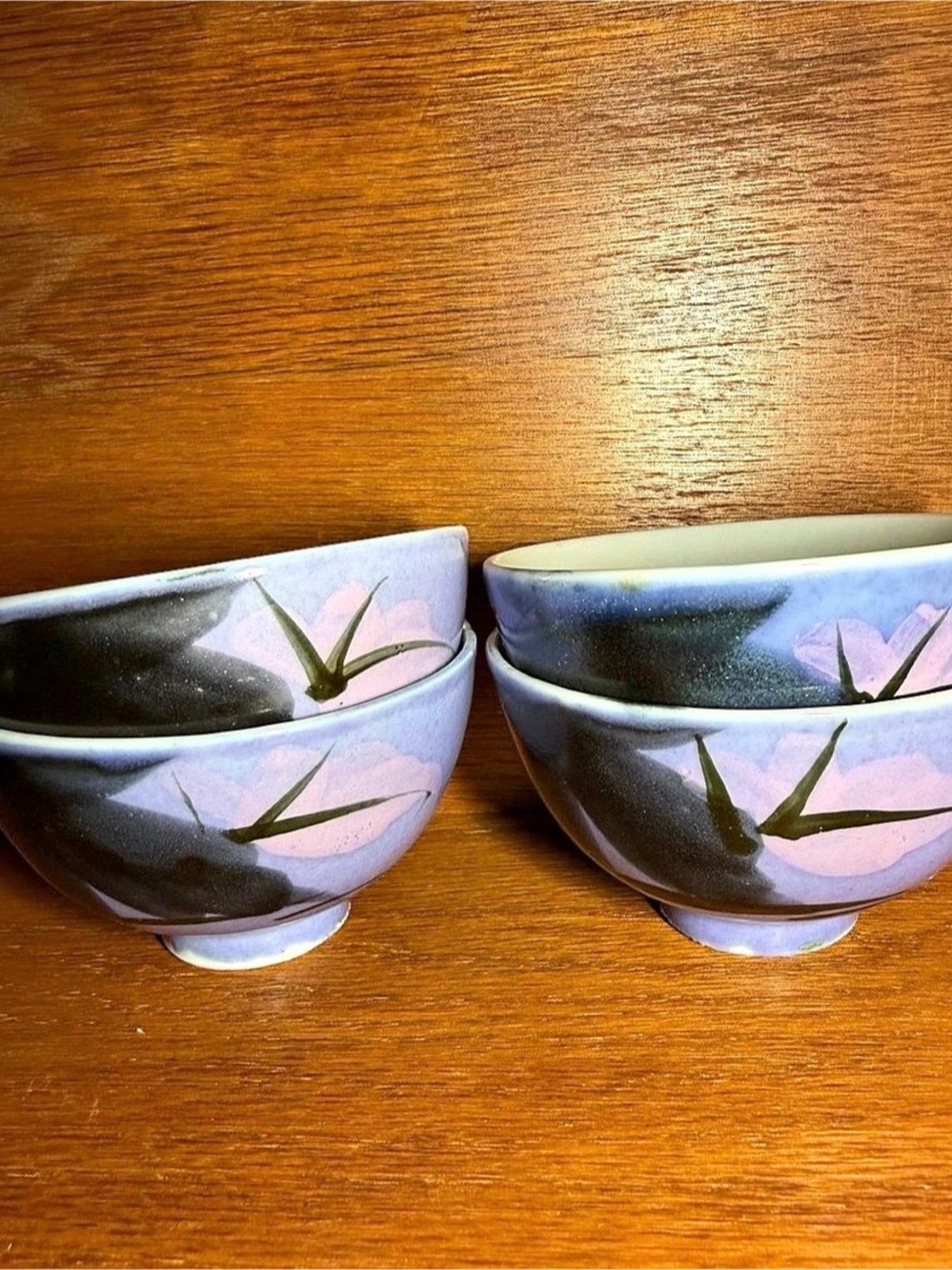 Set of 7 Vintage Japanese Porcelain Bowls - Purple Floral Hand Painted Design